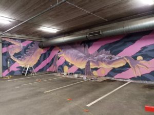 Lissotriton vulgaris, part of WunderGround happening, 2022, 15x4m, wallpaint&spray